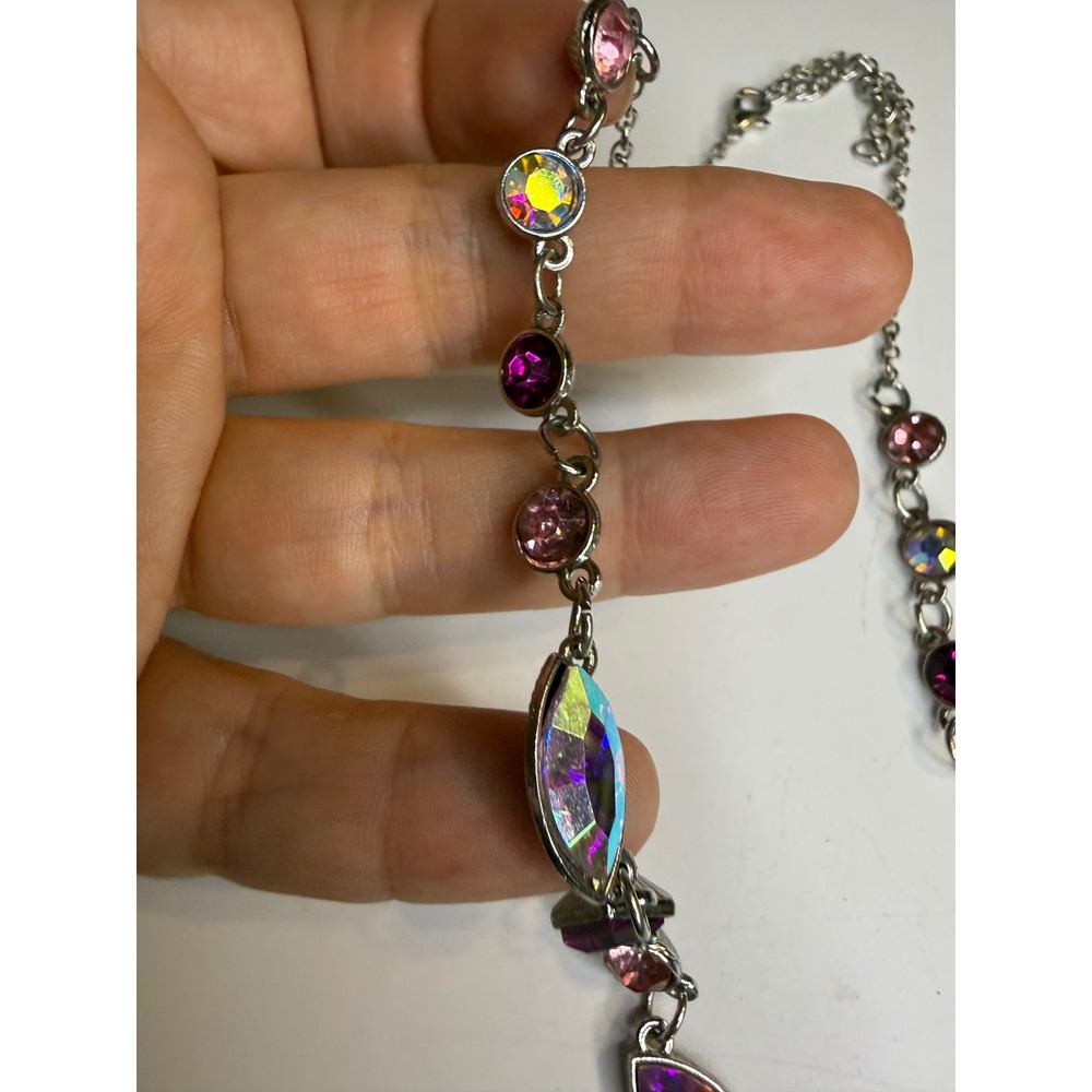 Silver Tone Pink Purple Aurora Borealis Crystal Multi Shape Statement Necklace